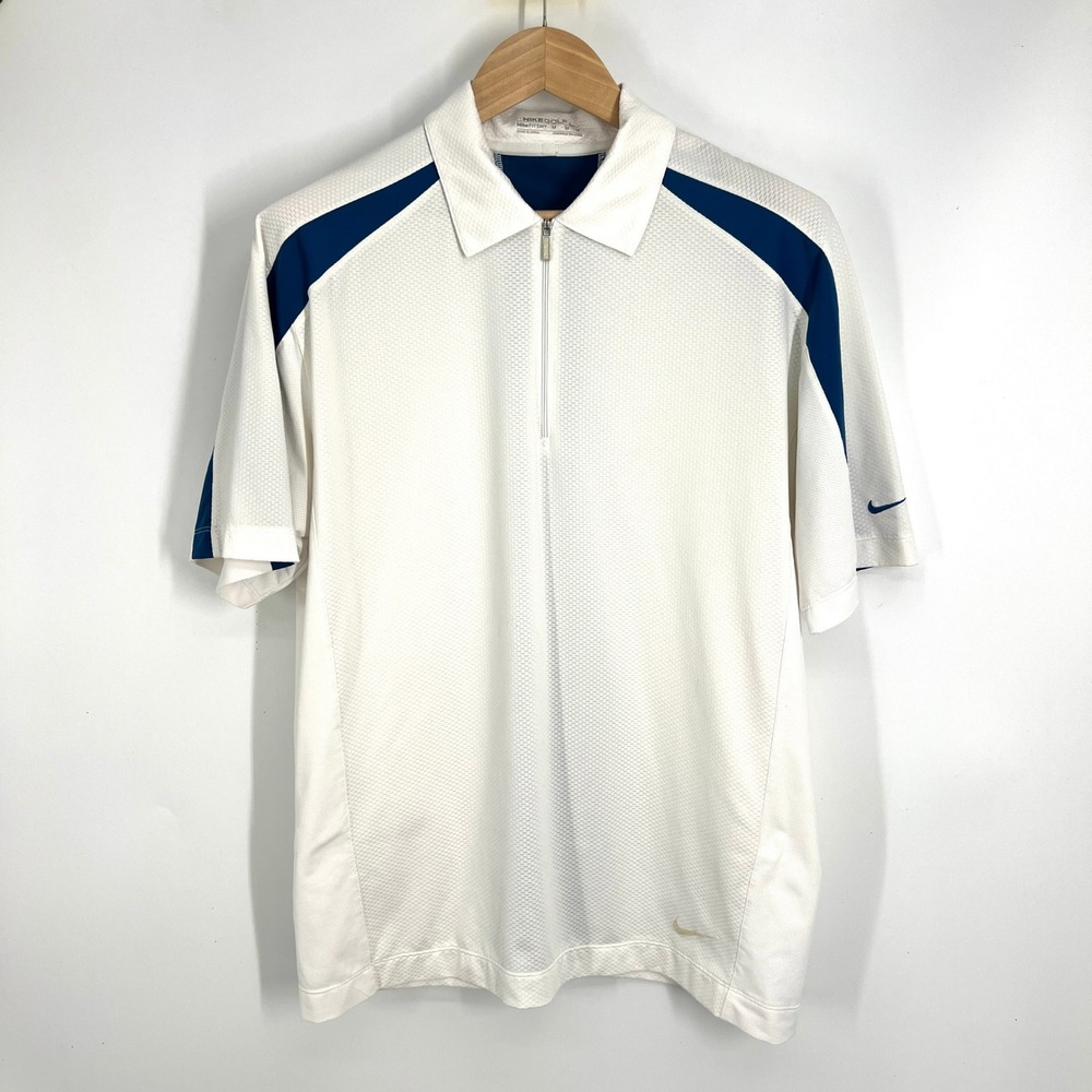 Nike Golf Fit Dry Mens Medium White Navy Blue Quarter Zip Polo Shirt RN 56323